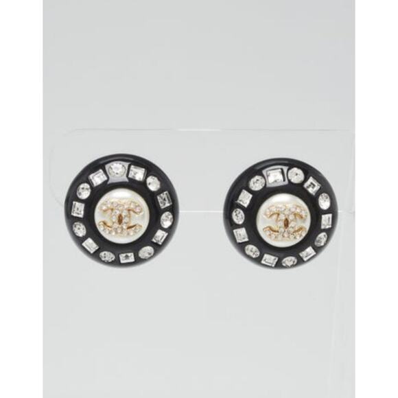 Chanel Black Resin Faux Pearl Crystal CC Stud Earrings - Picture 5 of 14